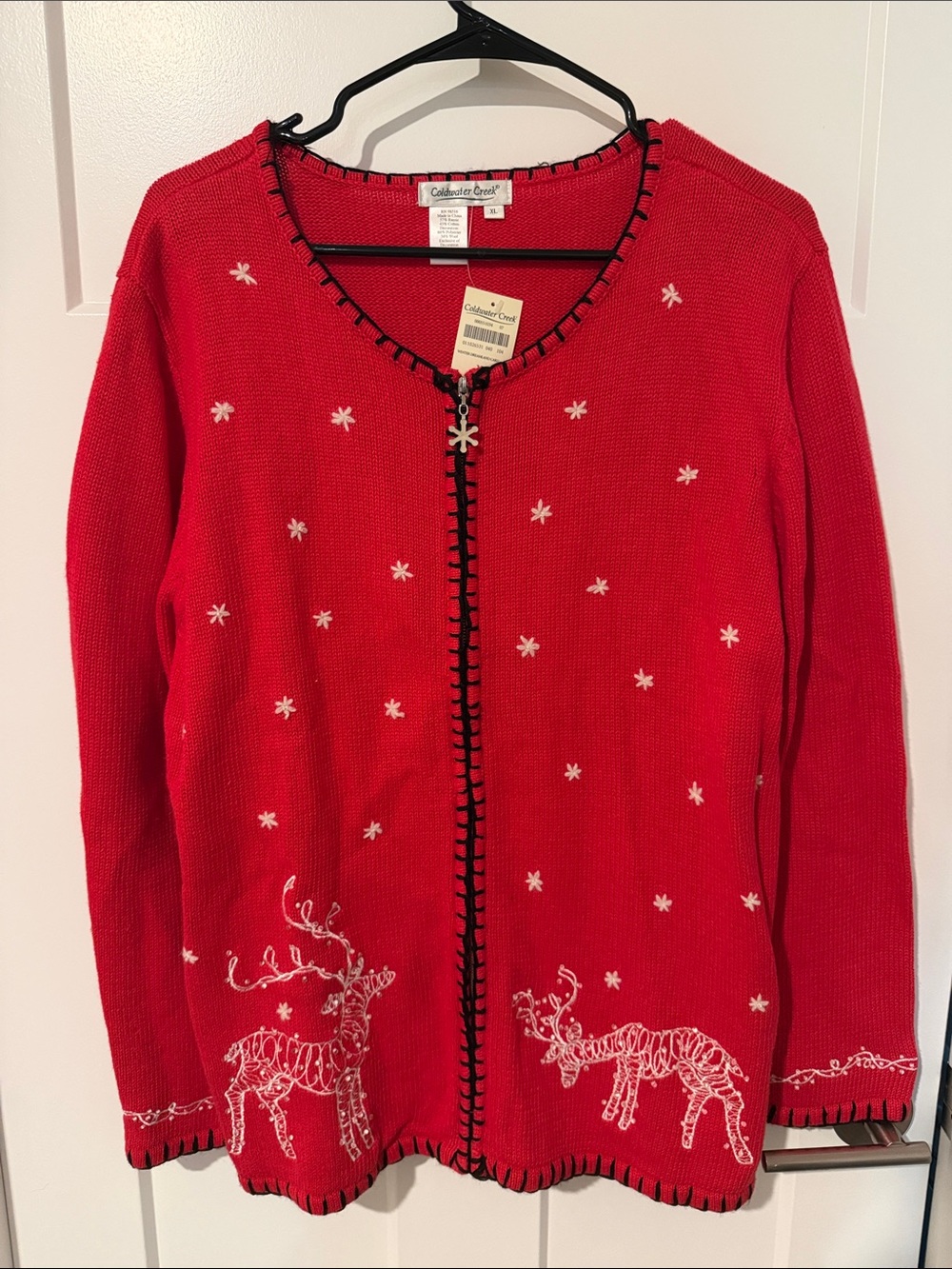 NWT Red Embroidered Reindeer Zip-Up Sweater